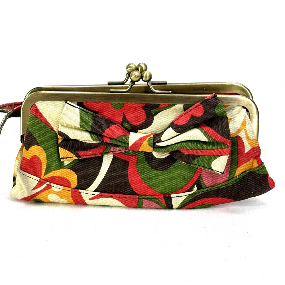 Fresh Floral Canvas Wristlet Wallet Multicolor Bow Clutch Double Kiss Lock Lined